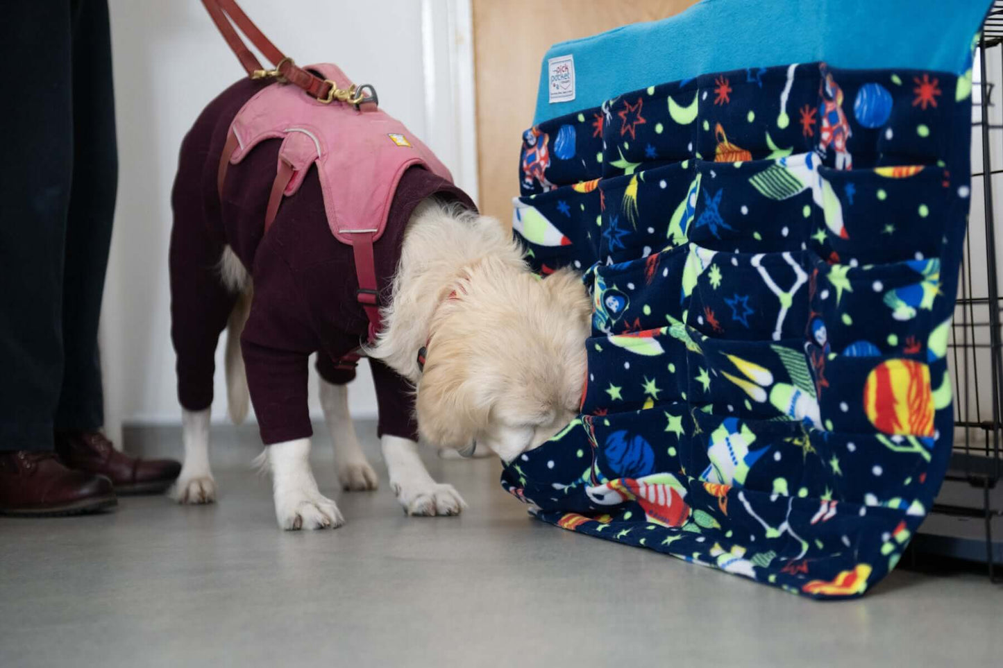 NOTE: PLEASE CONTACT US FOR LARGE FLAT-FACED BREEDS SUCH AS ENGLISH BULLDOGS AND GIANT BREEDS ***MADE TO ORDER*** Each PickPocket crate hanging forager ties to your crate and has horizontal pockets for your dog rummage through to find treats. It is excell