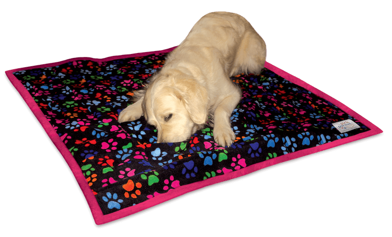 Our PickPocket foraging blanket lies flat on the floor and has sixty pockets perpendicular to each other for your dog to search in for treats. It can also double up as your dog’s dinner bowl and also a bed! The blanket offers a gentle non-stress foraging