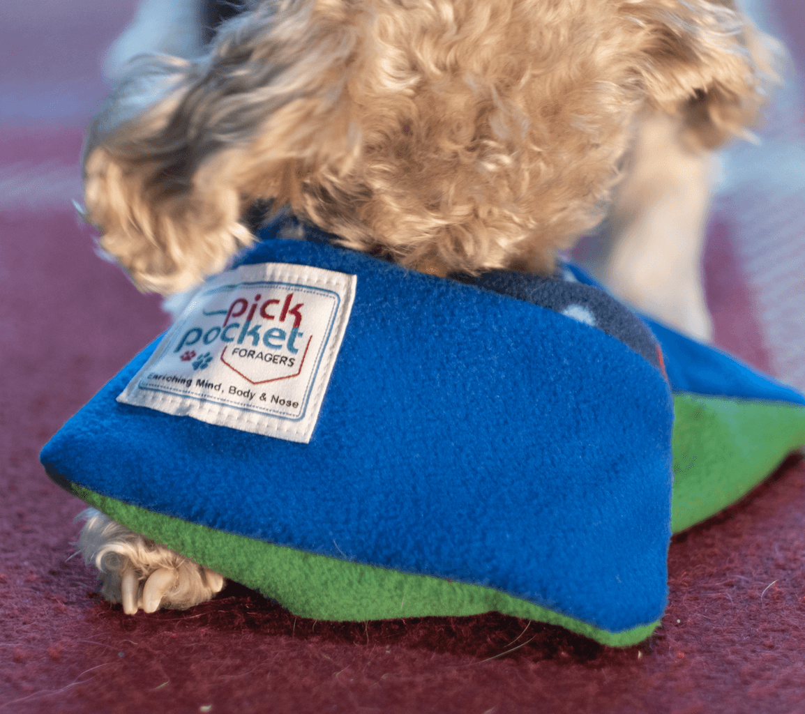 PickPocket foraging pouches are highly versatile. The pouches are filled with treats and folded inside each other for your dog to pull apart and search for the food. They can also be used tucked inside the pockets of other products such as the caterpillar
